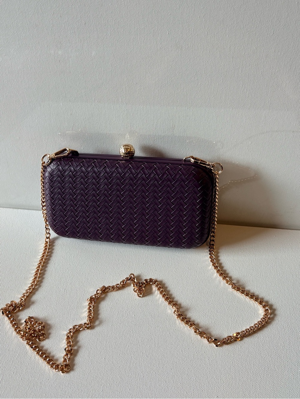 A New Day Woven Box Clutch Bag Purple Burgundy Gold Chain Crossbody